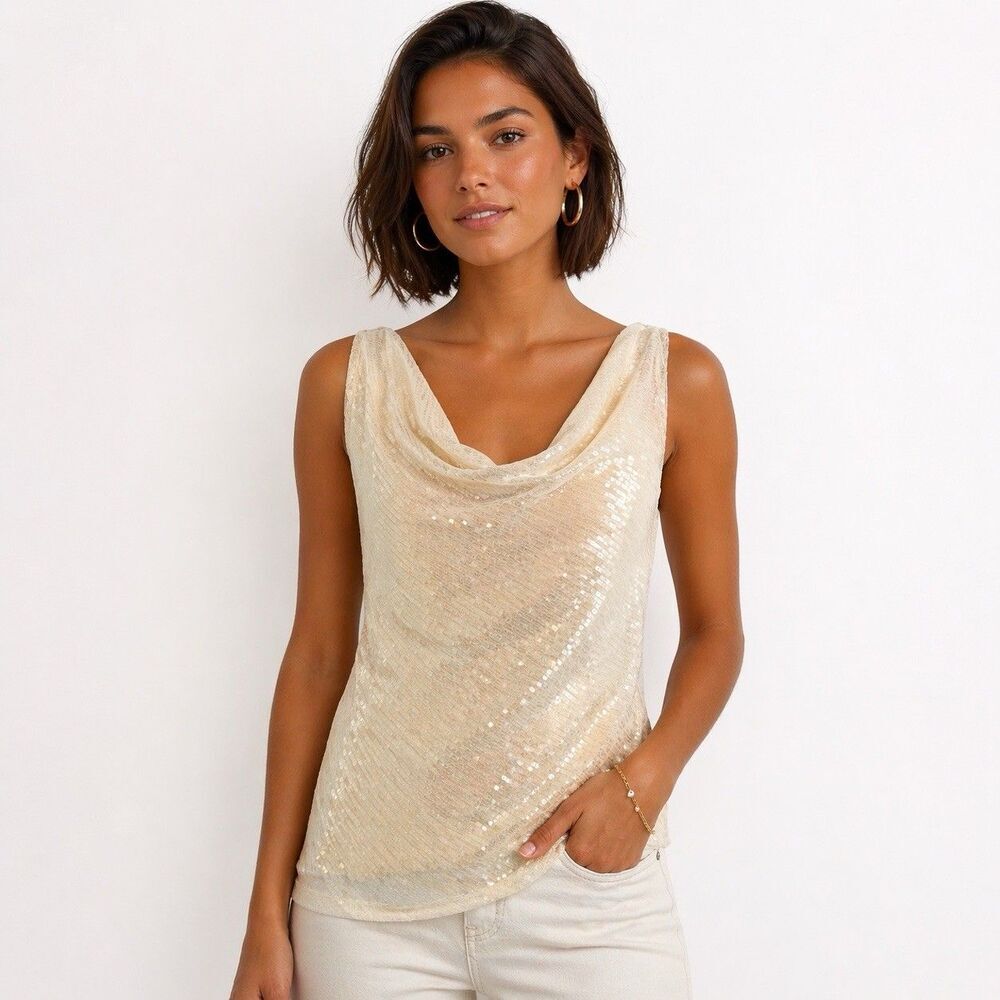 TALBOTS Woman Sequin Embellished Draped Front Tank Top Cream Size XS